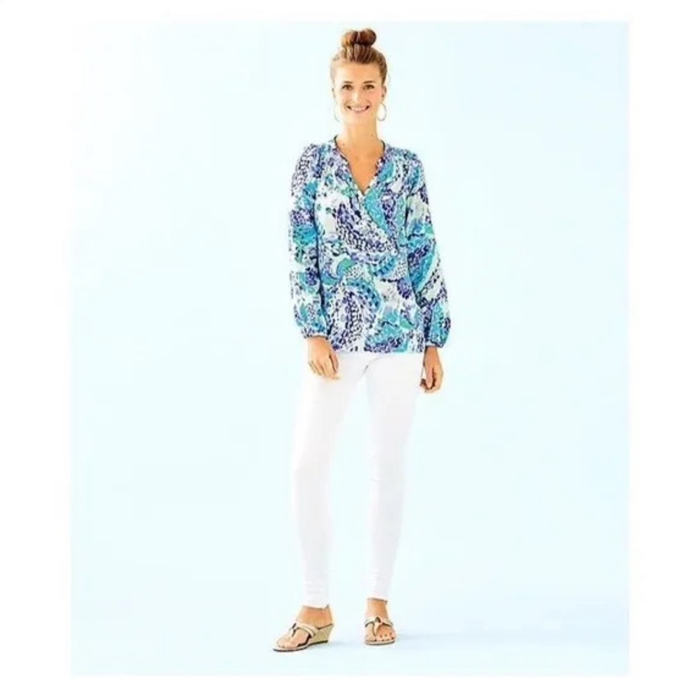 EUC: Lilly Pulitzer XS Elsa Silk Top Blouse Turquoise Oasis Wave after Wave🔥🤩